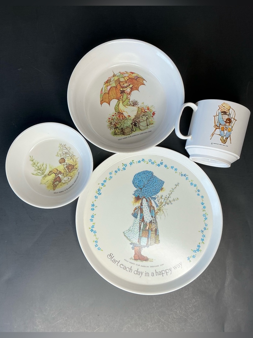 1970’s Oneida Kids 4 Piece Dinnerware Set Holly Hobbie Motifs